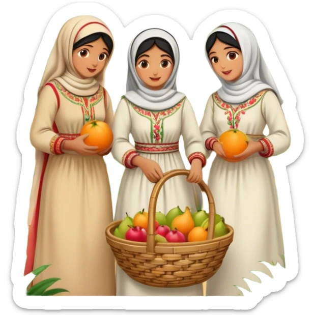 A nostalgic and culturally rich scene of Palestinian women dressed in traditional embroidered thobes harvesting fruit in an orchard. Their vibrant and intricately designed dresses reflect deep heritage, while their coordinated efforts—picking, sorting, and collecting fruit in a woven basket sticker