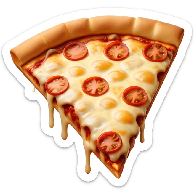 Cinematic cheesy pizza slice, gooey melted cheese stretching as a bite is taken, crispy golden crust, rich tomato sauce, vibrant toppings, warm glowing background, inviting and delicious. sticker