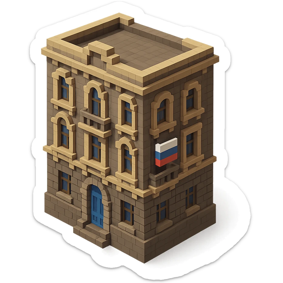 voxel style old Saint Petersburg building, gray-brown tones, ornate facade, Russian flag hanging from one window or balcony, isometric view sticker