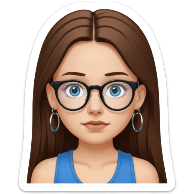 White girl with long brown hair, part going more to the RIGHT side, BLUE eyes, wearing BLACK plastic frame glasses. SEPTUM nose piercing hoop (at bottom of nose) AND stud nose piercing on right side of nose. Wearing BLACK tank top. Wearing big hoop earrings. NOOO necklace! sticker