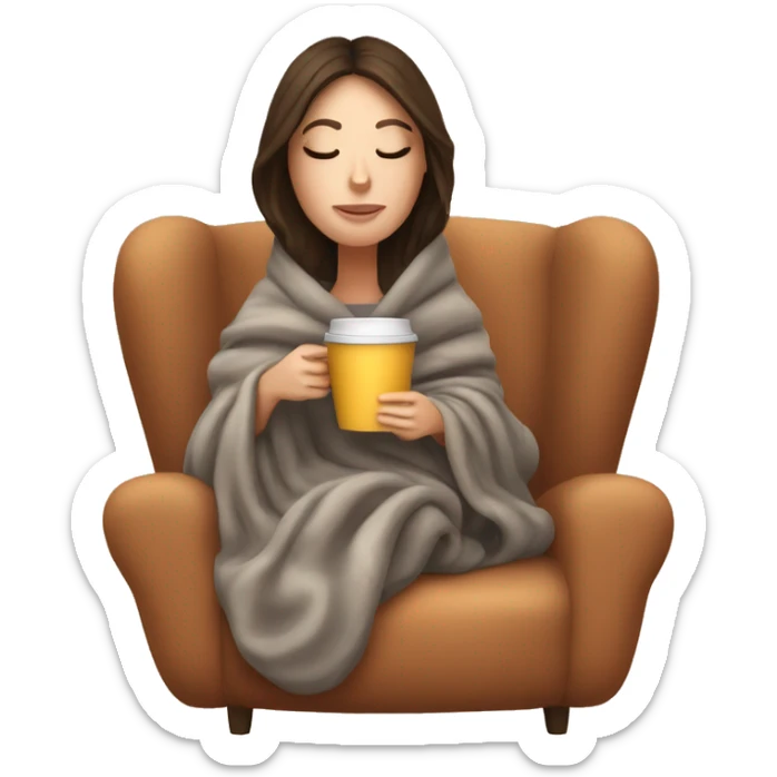 Brunette white girl covered in blanket autumn vibe sitting on a cozy chair holding coffee eyes closed sticker