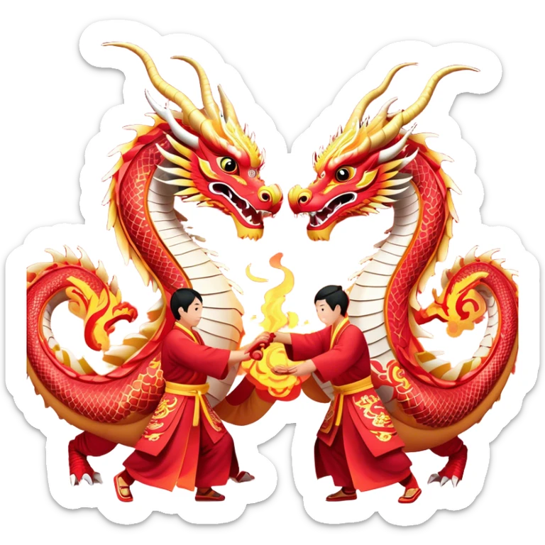 Cinematic Realistic scene of two performers guiding an elaborately designed dragon costume during a Dragon Dance, with vivid traditional patterns and dynamic motion, set under festive, red-tinged lighting sticker