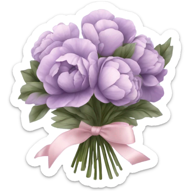 A bouquet of soft lavender pansies and blush pink peonies wrapped in silky violet ribbon sticker