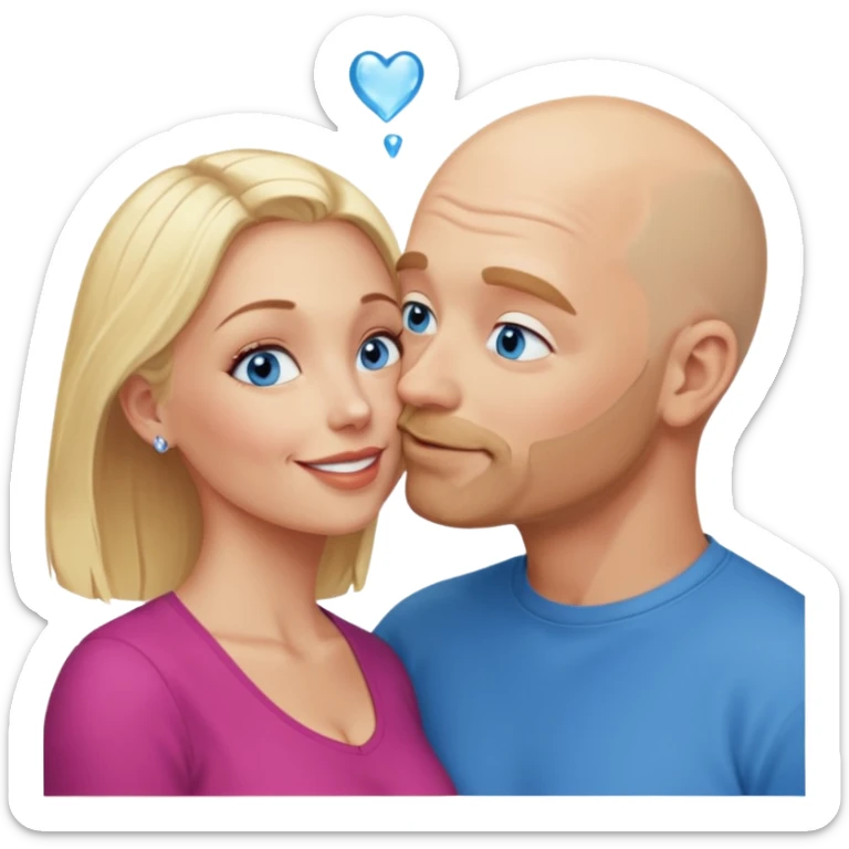 middle age bald man with salt and blonde scruff, blue eyes and blonde woman with blue eyes kissing each other sticker