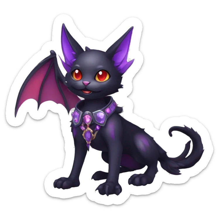 cool kawaii edgy evil black purple red ethereal fantasy beautiful elegant nargacuga-bat-cat-Fakemon wearing legs spats a collar harness with jewelries full body sticker