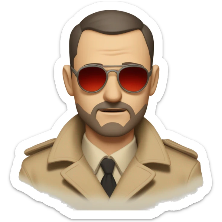 1930s investigator, a Caucasian man with short, buzz cut dark hair and a rough beard, wears tiny red-tinted sunglasses and a dirty beige trench coat. He has a serious demeanor. sticker