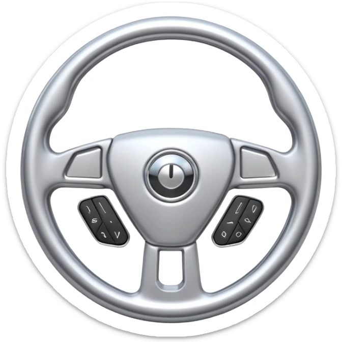 A futuristic steering wheel emoji made of silver chrome, minimal geometric design, smooth metallic surface, soft reflections, iOS emoji style, centered, clean white background sticker