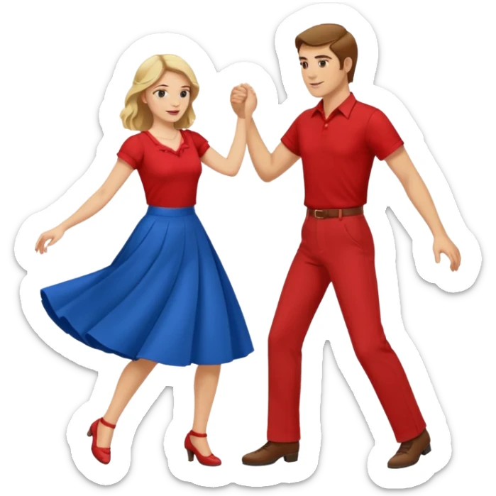 Two people. Man in red shirt and  red pants with brown hair. Women in blue shirt and long skirt with blond hair. Swing Dancing sticker
