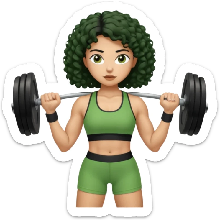 woman with olive skin and curly black hair wearing a green workout outfit (shorts) and lifting weights sticker