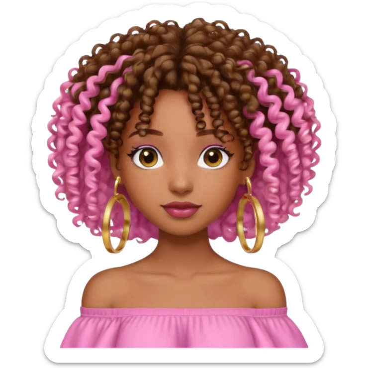 A brown skin girl with a curly 4C hair and she has a pink off shoulder top, sticker