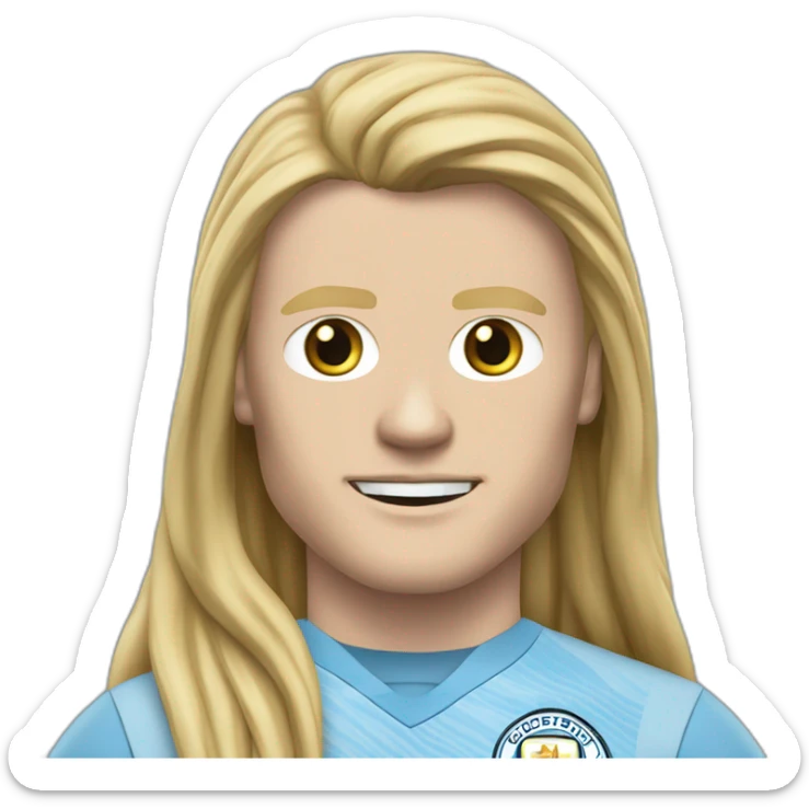 Realistic Erling Haaland has long hair, in a catogan. He is wearing Manchester City football shirt sticker
