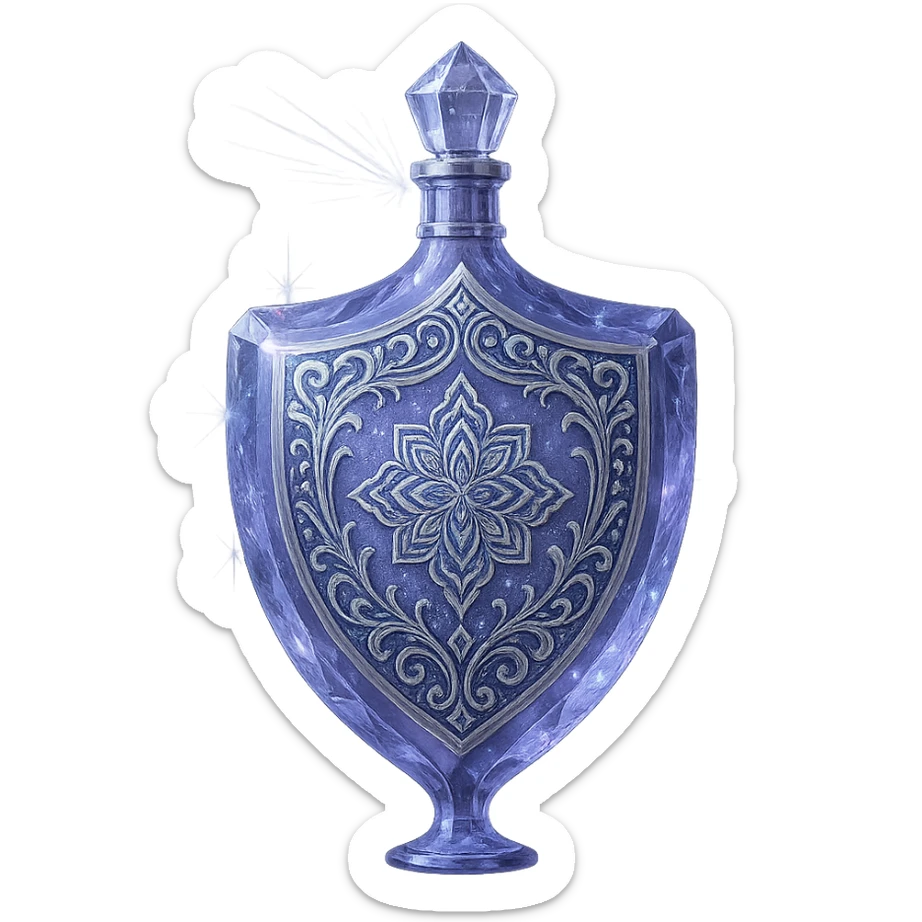 išskirtinai prabangus eliksyro buteliukas, skydo forma, spalva #7986cb, daugiasluoksniai holografiniai ir sidabriniai ornamentai, kristalo tekstūra, daug magiškų švytėjimų ir žėrėjimo, šviesos spinduliai, labai mažas kaklelis, dailus vientisas dugnas, skaidrus fonas, buteliukas plūduriuoja ore, be pagrindo ar šešėlio, modernus, kolekcijai tinkamas, ypatingai gražus sticker