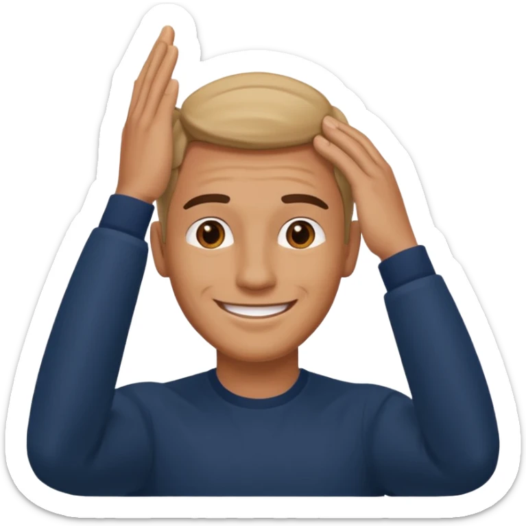 Picture of a handsome man smiling like he is very confident in himself with his hand on his head sticker