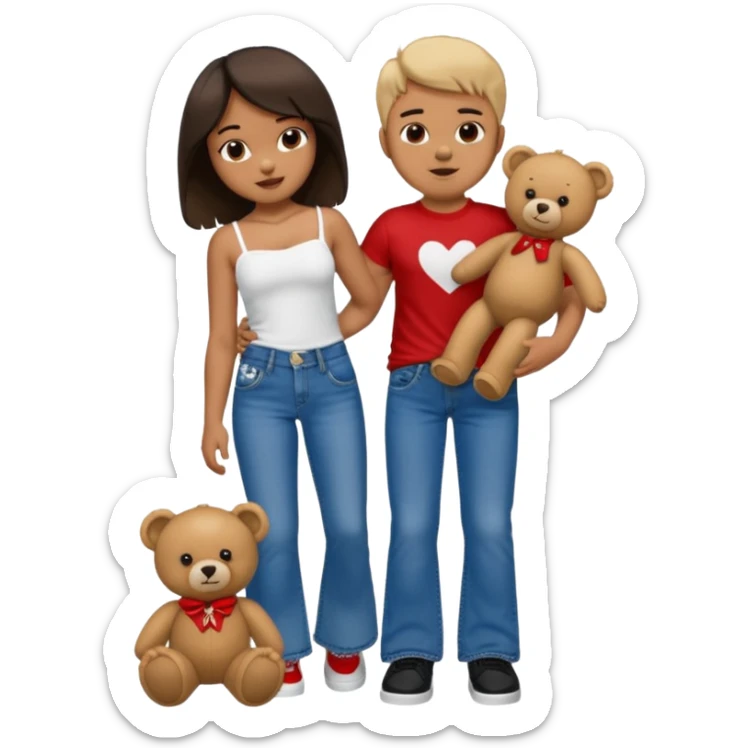 A boy and a girl teddy bear for the boy bear put on true religion shirt and jeans with black shoes and for the girl put flare jeans and a red tube top and white shoes just bears not the humans  sticker