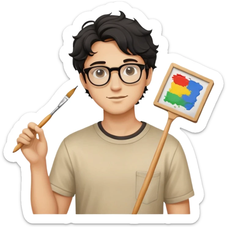 Young caucasian man with black wavy hair, round glasses, beige painting shirt, holding a square paintbrush sticker