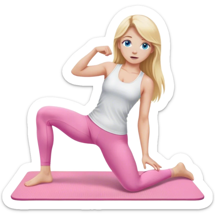 A cinematically realistic blonde with long hair and blue eyes, dressed in a white top and pink leggings, performs a realistic athletic exercise on a mat. sticker