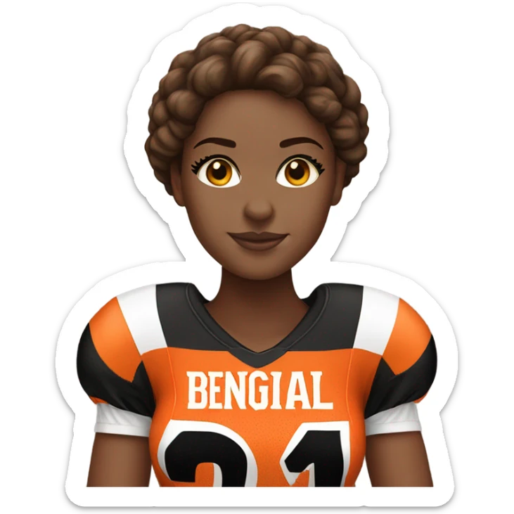 White women with brown hair wearing a Cincinnati bengals jersey sticker