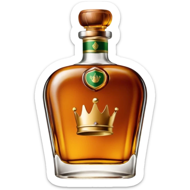 green label Crown Whiskey bottle, detailed, with a small splash of whiskey beside it sticker