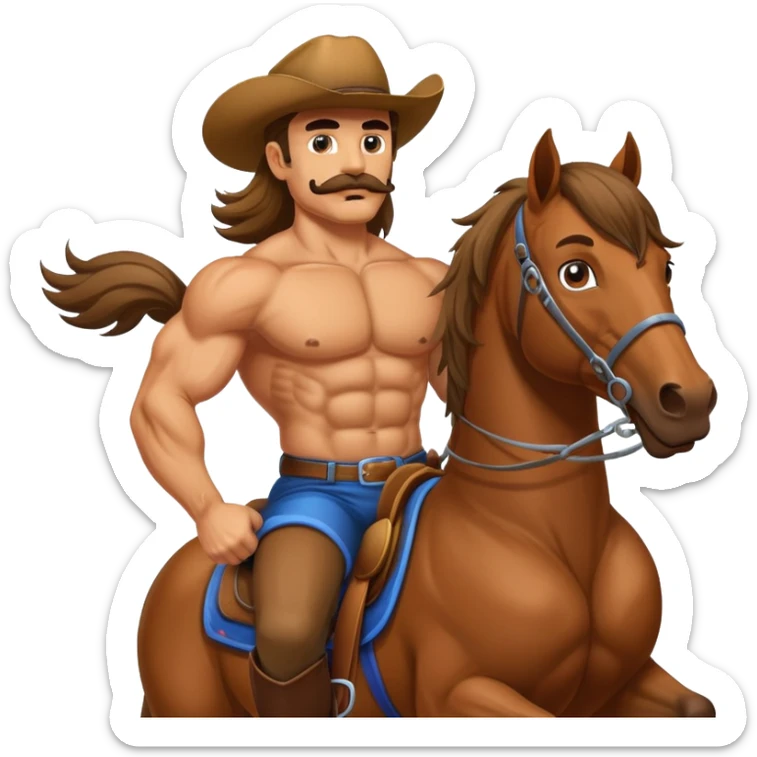 super jacked guy with a mustache and long hair and chest hair riding a horse sticker