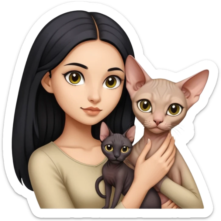 beautiful girl with long black hair holding a hairless sphinx cat sticker
