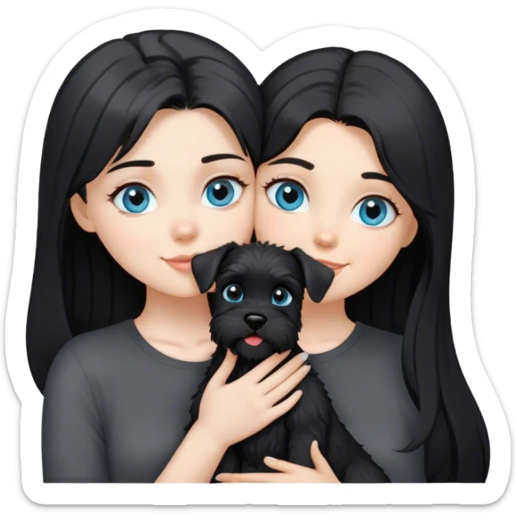pale girl with light blue eyes and long black hair wearing black shirt kissing schnauzer holding smiling black schnauzer  sticker