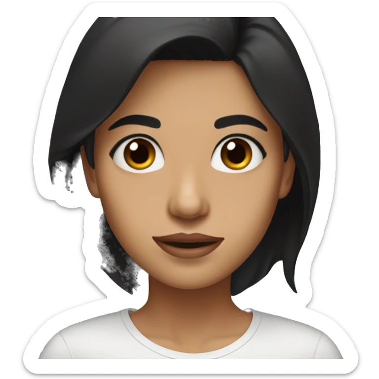 woman with big brown eyes, black hair with a white streak, black shirt sticker