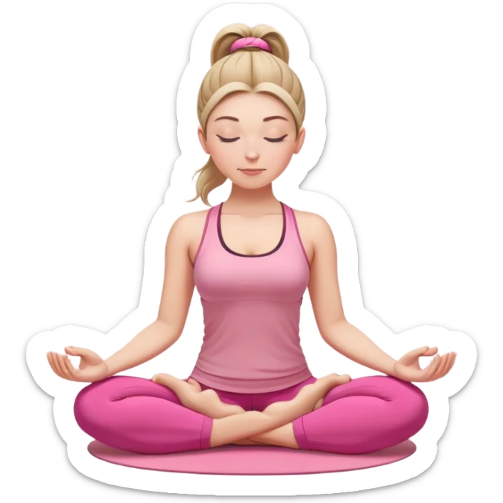 white woman with ponytail hairstyle in lotus position meditation yoga pose, closed eyes, relaxed face, wearing pink yoga outfit sticker