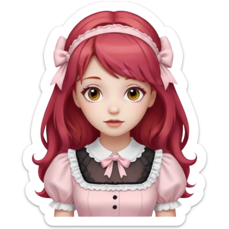 sweet lolita with red hair, hazel eyes, white skin, wearing a light pink dress sticker