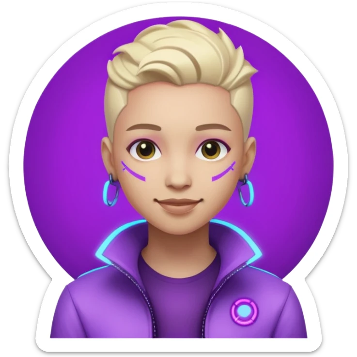 neutre gender neon cyberpunk light purple happy, I don't want you to use props, não utilizar óculos  sticker