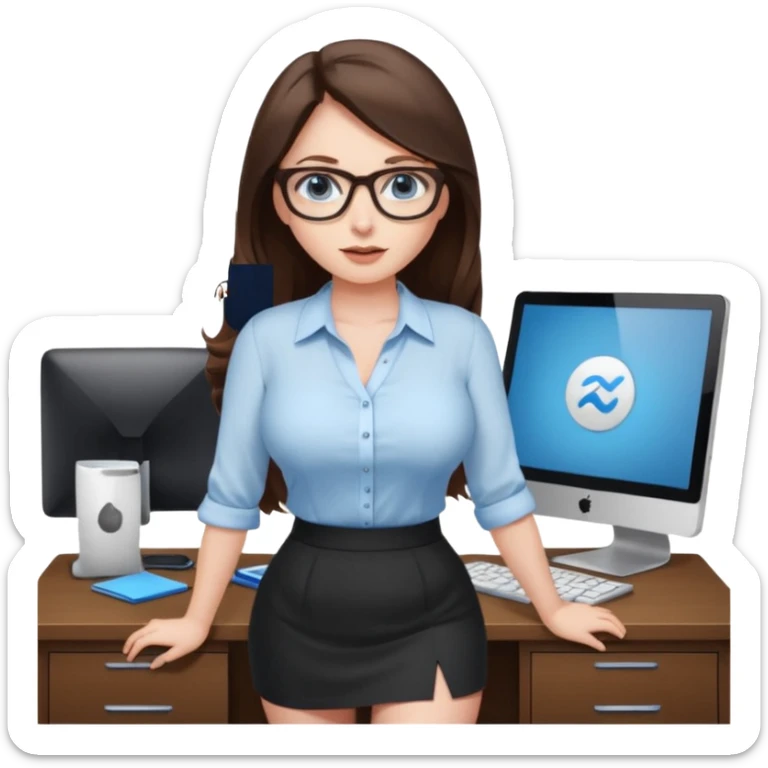 sexy woman brunette, very large breasts, pale skin, blue eyes, long brown hair, white blouse, short black skirt. office.  sticker