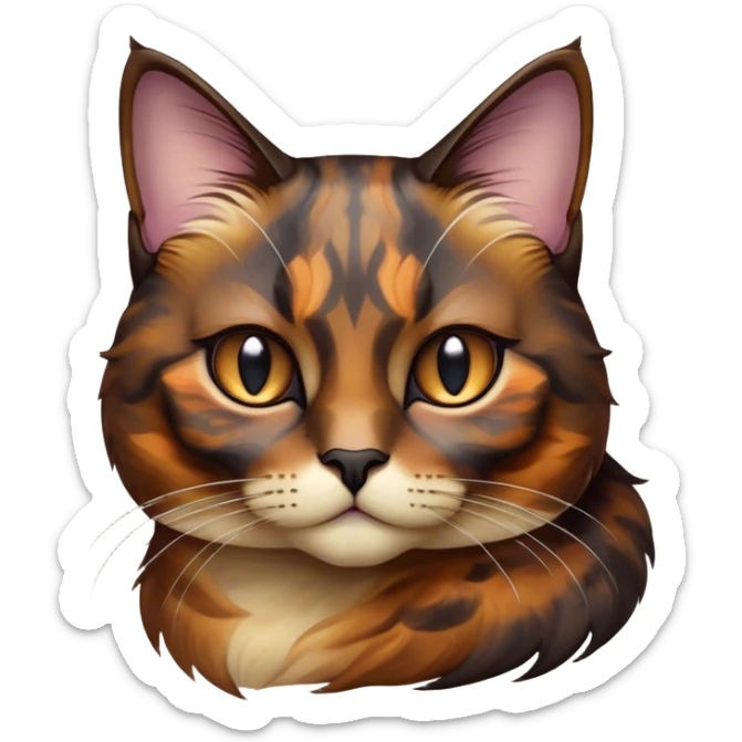 Cinematic Noble Tortoiseshell Cat Portrait Emoji, Poised and dignified, showcasing a luxurious, mottled fur of rich browns and blacks, with elegantly arched whiskers and a determined yet gentle expression, simplified yet meticulously detailed, glowing with a subtle, regal radiance, high shine, embodying quiet nobility and refined charm, soft glowing outline, capturing the essence of a sophisticated tortoiseshell cat exuding quiet authority! sticker