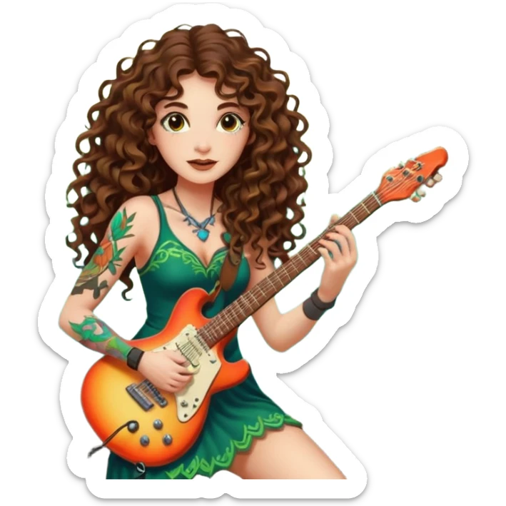 woman with long curly brown hair, brown eyes, white skin, tattoos, playing a root-shaped electric guitar that grows leaves from the strings, psychedelic glow, forest stage aura sticker