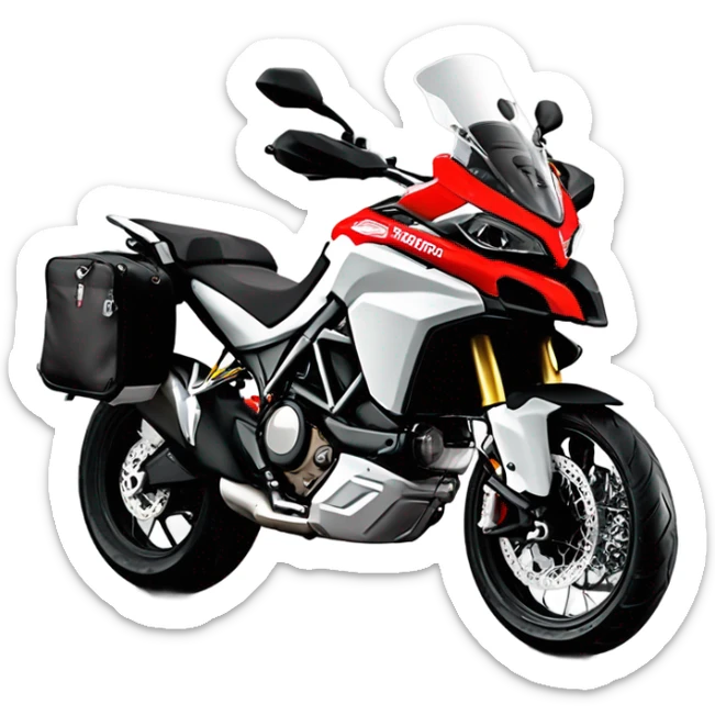 Moto de enduro Ducati multistrada roja y negra con bolsas laterales y bolsa trasera. Piloto con casco abierto gris. Vista frontal sticker
