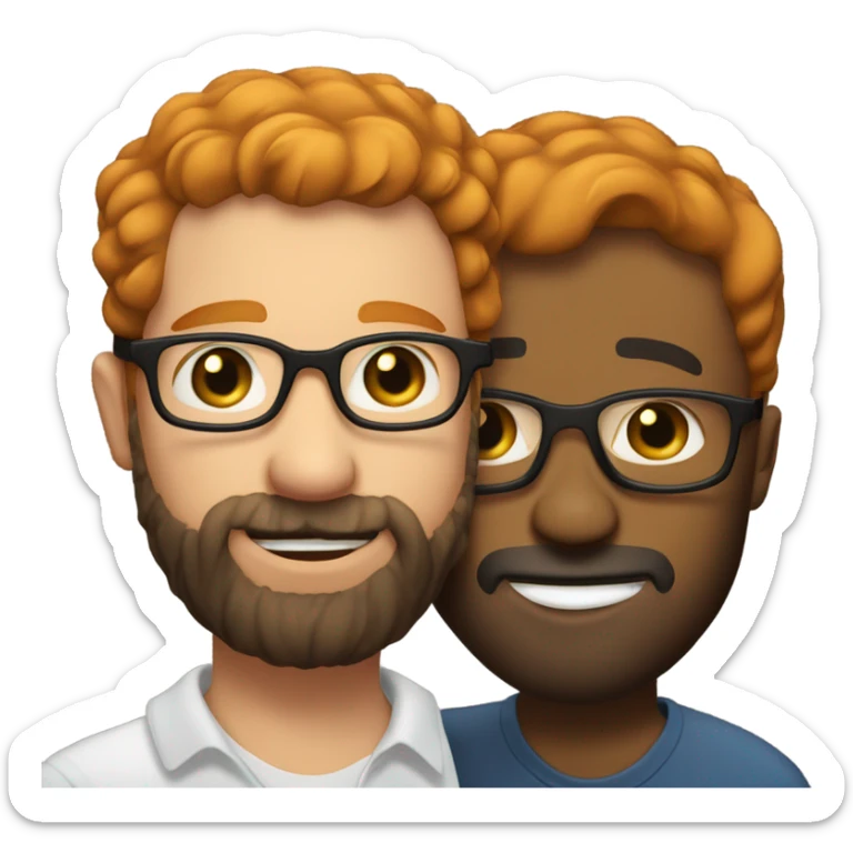 A bearded short hair ginger man with glasses giving a kiss to a taller black man with short Beard sticker