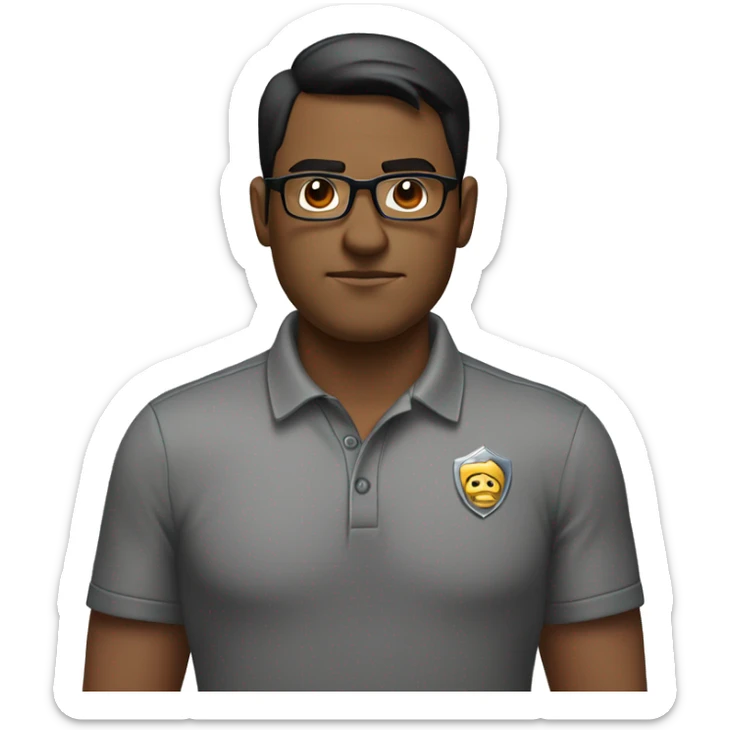 A man with short dark hair, wearing glasses and a gray polo shirt with a badge on it, standing in front of a glass background. He has a serious expression and his arms are crossed. sticker