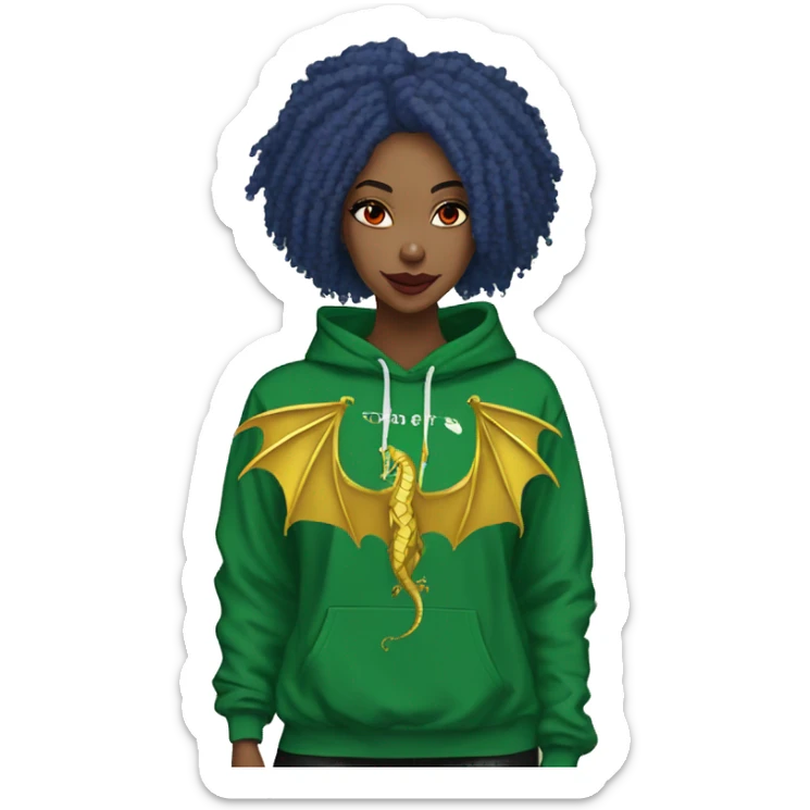 420 Lady with brunette and blue hair, hemp, gold, green dragon wings, maroon hoodie, 420, black and gold Nike t shirt, and bright red eyes sticker