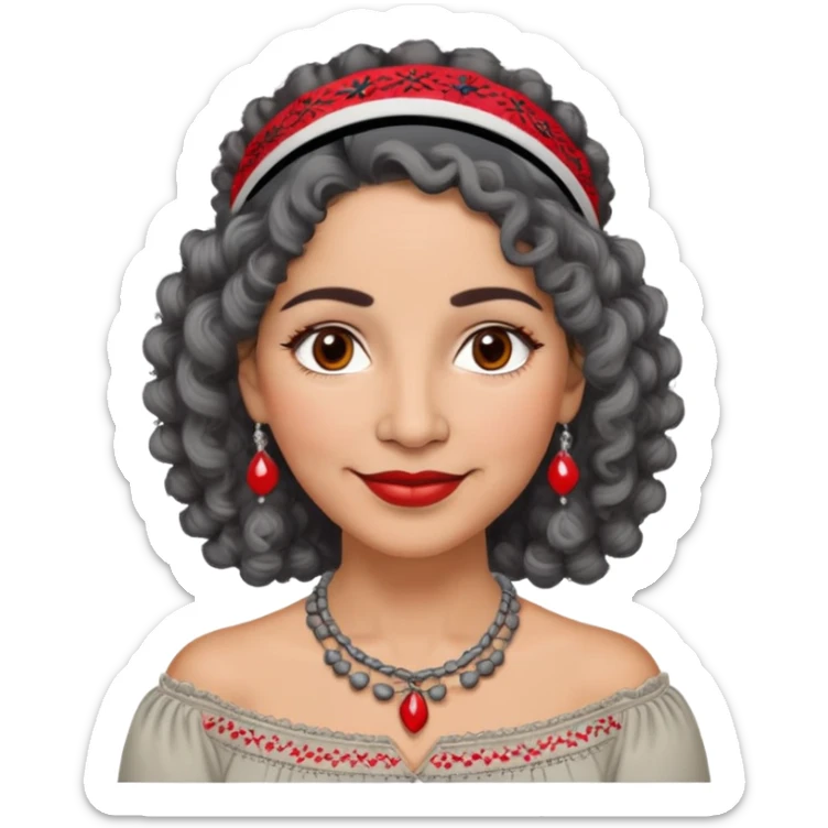Latina woman, about 50 years old, warm light brown skin, round soft face, curly black and gray hair, red and white headband, medium eyes, thin eyebrows, gentle smile, gray peasant blouse with embroidery, bare shoulders, large dark necklace sticker