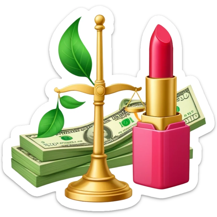 gold scale with green dollar bills on left side and lipstick and nail polish on right side sticker