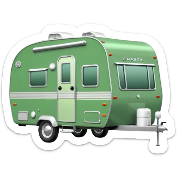 Shasta travel trailer, colored all green, the same green shade as movie trailer green preview card, light grey tires and grey hitch sticker