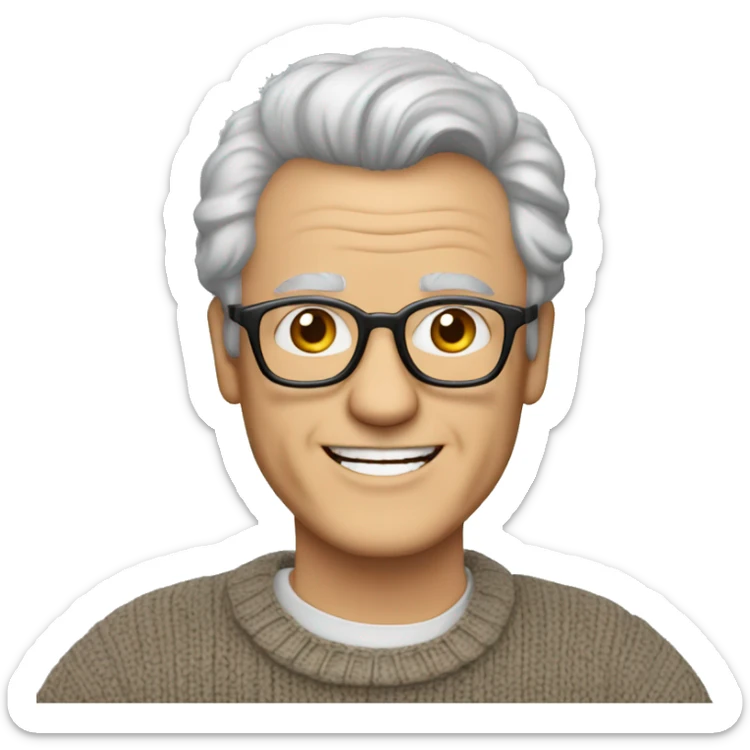 man in his late 60s with salt and pepper hair, pale skin, glasses, brown eyes, smiling wearing a sweater, collared shirt,  jeans sticker