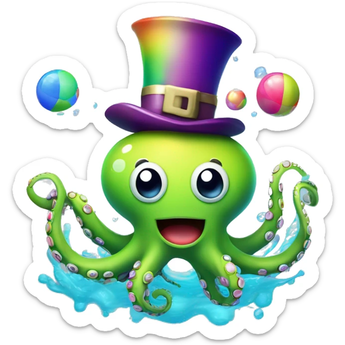 Design an emoji of a playful octopus wearing a tiny top hat and monocle, juggling colorful beach balls with its tentacles. The octopus has a cheeky smile, and bubbles float around it, adding a whimsical underwater vibe sticker