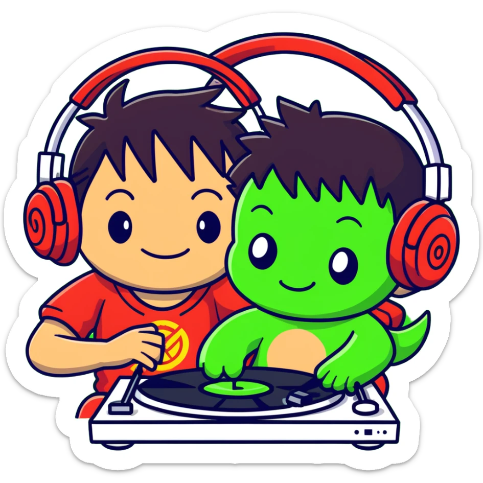Green Luffy and green Alastor listening to music together sticker