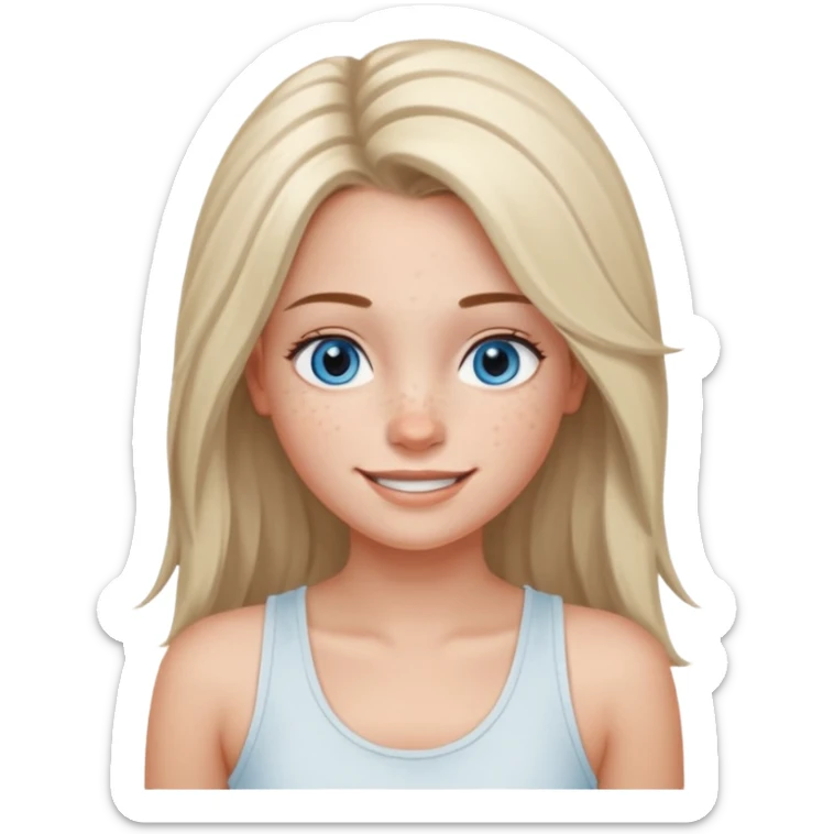 Una chica de tez blanca con pecas, nariz respingada, labios gruesos, ojos grandes color azul grisáceo, pelo largo, lacio, color avellana. Con una blusa de tirantes blanca. Que este sonriendo y q solo se vea de la cintura hacía arriba sticker
