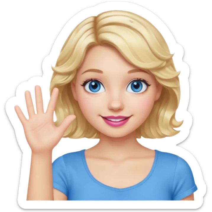 Girl Blonde short wavy hair,  blue eyes, cute blue top, long lashes, pink lips, smiling, one hand palm up sticker