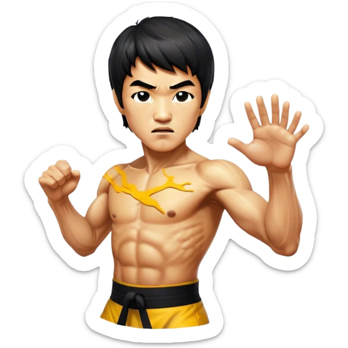 Cinematic Realistic Bruce Lee Portrait Emoji, depicted as a dynamic martial arts icon with an intense gaze and athletic physique caught in a fluid motion, rendered with vivid textures and energetic lighting that embodies his legendary prowess. sticker