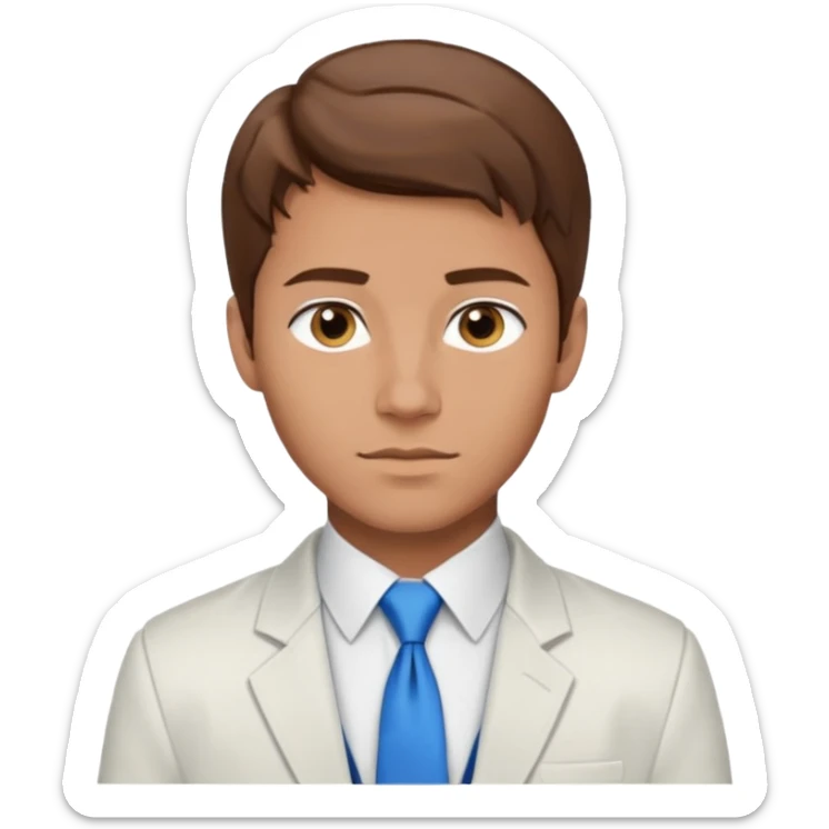 un homme type caucasien brun plutot jeune avec des jolies traits avec une chemise blanche et une veste a manche longues et cravate bleu il a les yeux marron sticker