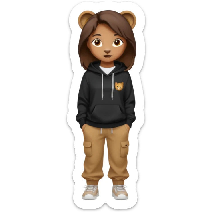 León tierno que sea mujer con pantalones guangos  y una sudadera negra con cabello suelto color castaño obscuro sticker