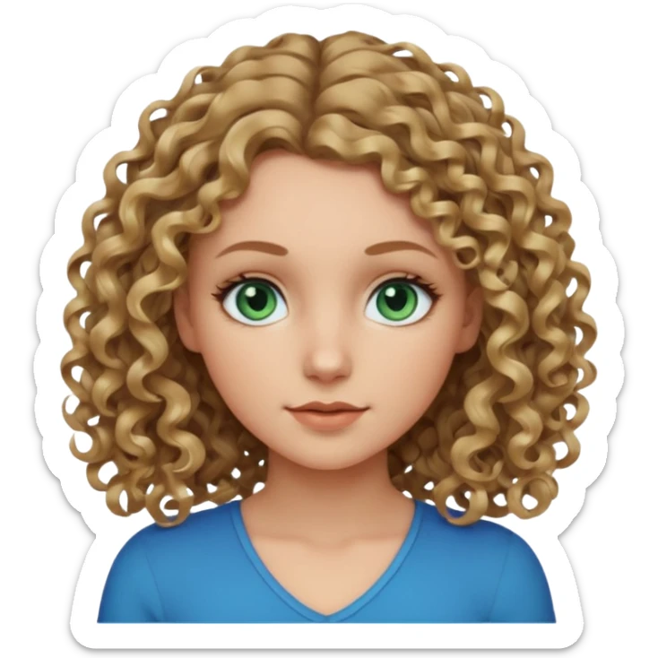 white girl, dark blonde shoulder length curly hair, blue-green eyes, looking to the side sticker