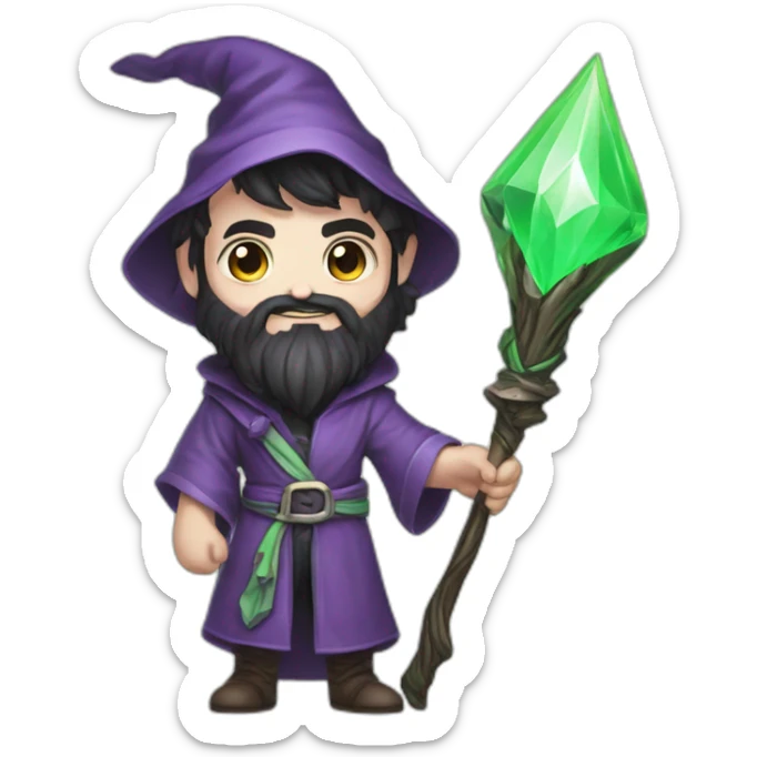 Little mage. Happy. Green cloths. Young look. Black beard. White pale skin. Magical Stick in hands with top diamond purple. sticker