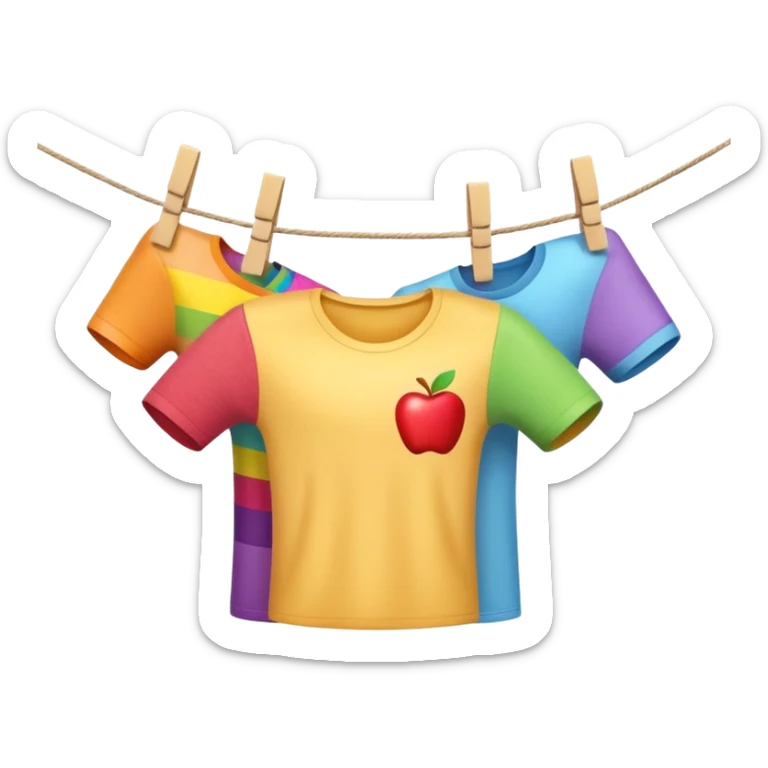 Apple-style 3D emoji of a single human hand hanging a colorful piece of clothing on a clothesline using a clothespin, close-up view, soft shadows, bright and cheerful atmosphere, clean white background.


 sticker